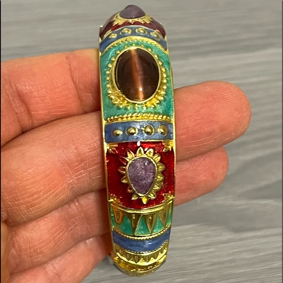 New Gold and Enamel Hinged Bangle Bracelet with Boho Design and Gemstones - Picture 3 of 6